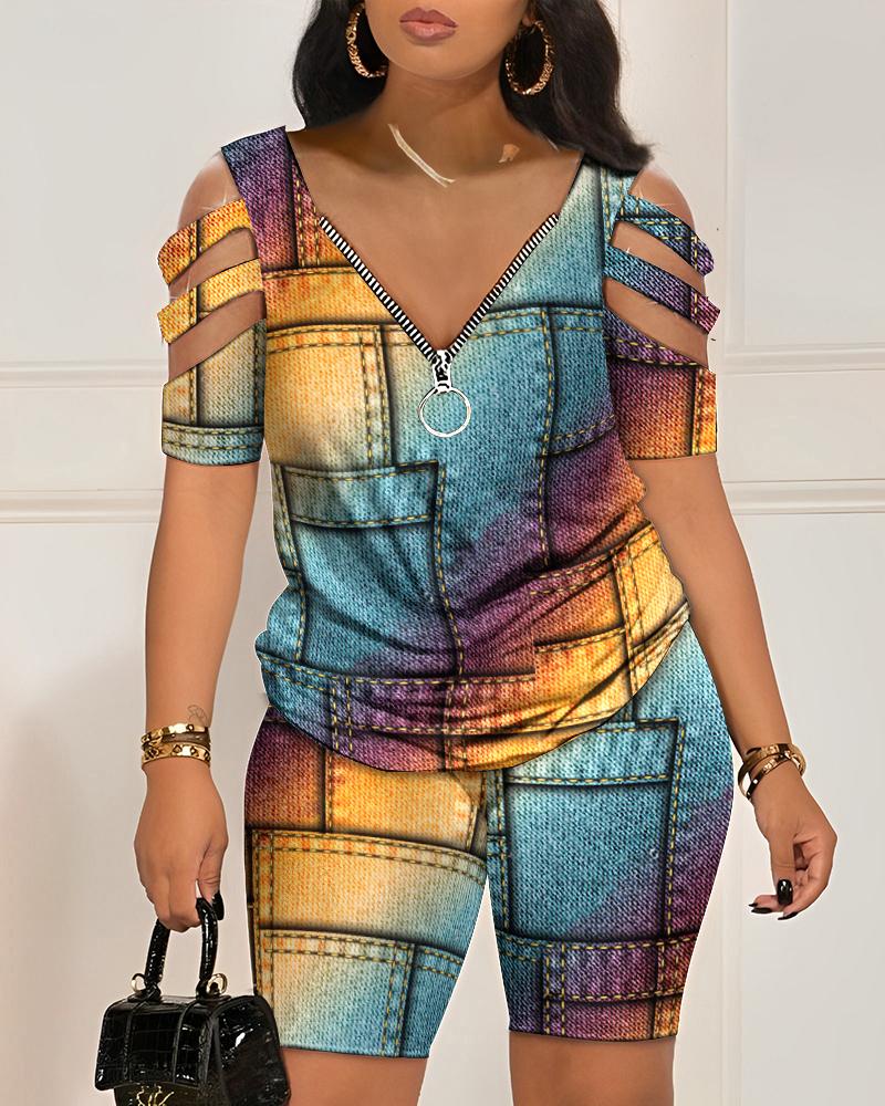 

Rainbow Ombre Denim Look Print Cold Shoulder Top & Shorts Set, Multicolor