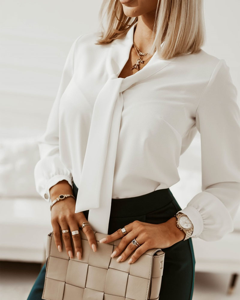 

Long Sleeve Tie Neck Shirt, White