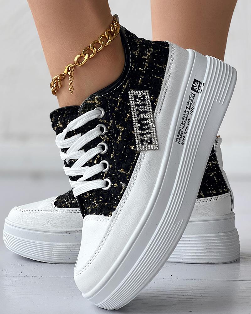 

Tweed Letter Pattern Lace-up Muffin Sneakers, Black