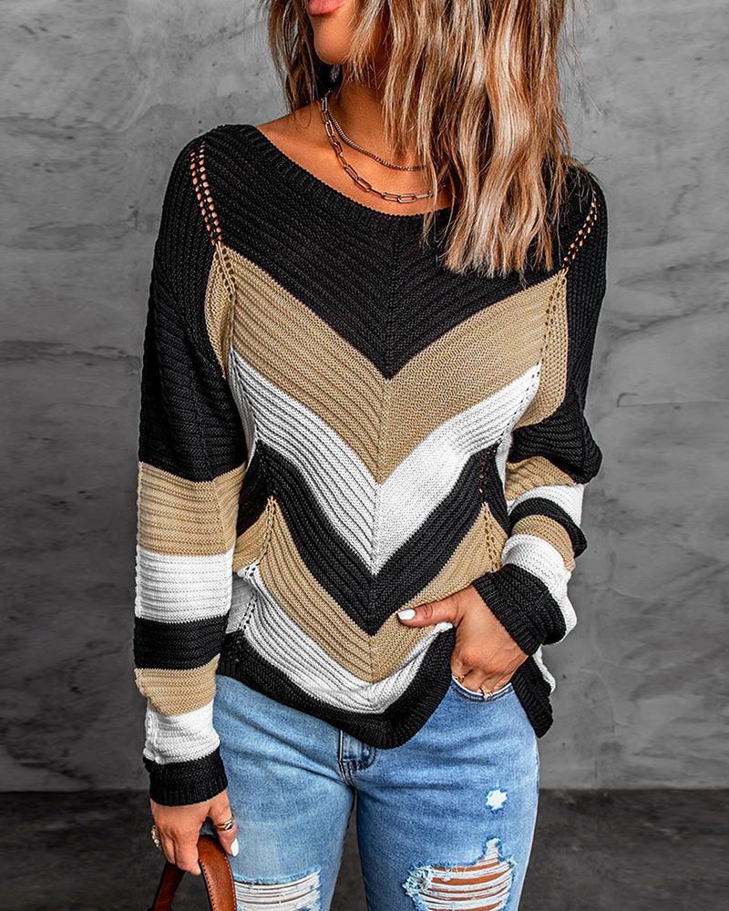 

Colorblock Chevron Pattern Long Sleeve Sweater, Apricot