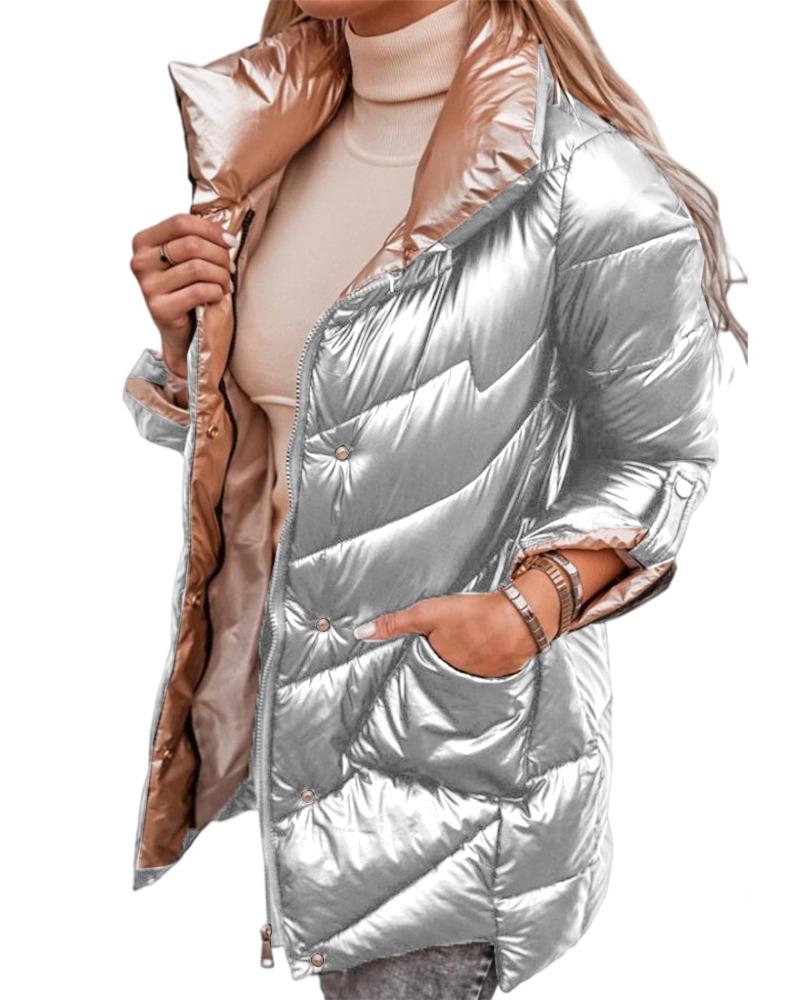 

Quilted Stand Collar Zipper Design Puffer Coat, Silver