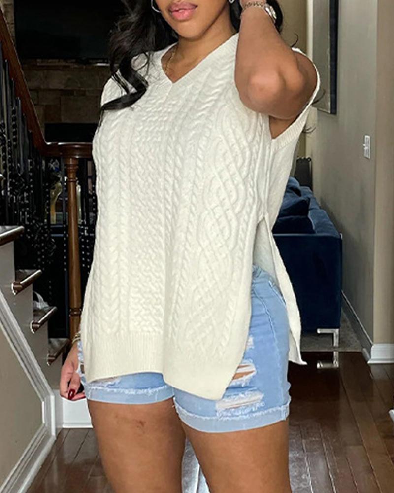 

V-Neck Slit Braided Vest Knit Sweater, White