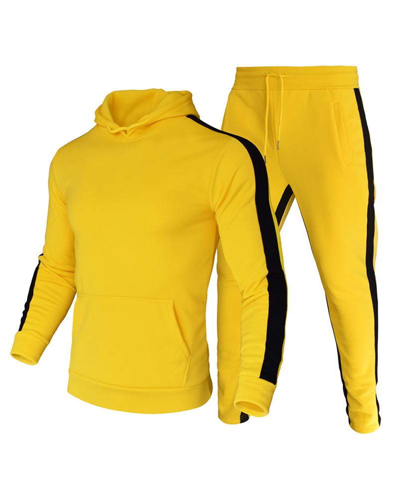 

Men Colorblock Pockets Hooded Top & Pants Set, Yellow