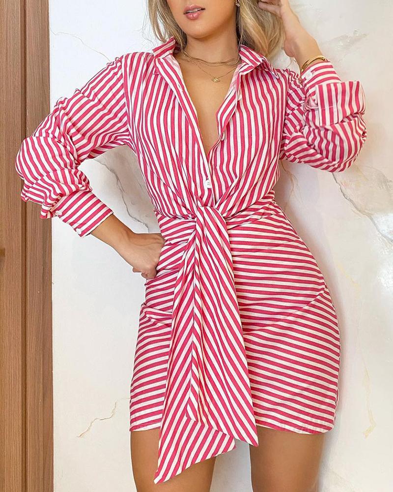 

Striped Print Long Sleeve Shirt Dress, Pink