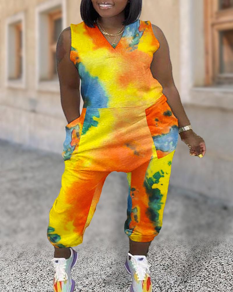 

Plus Size Tie Dye Pocket Design Jumpsuit, Multicolor
