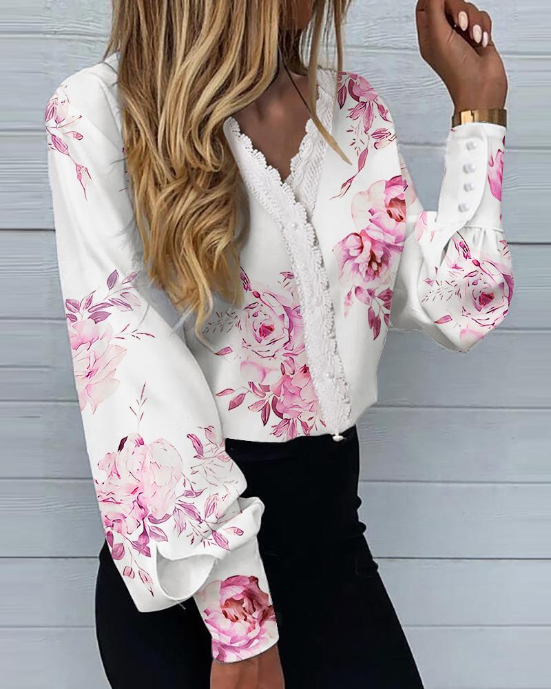 

Floral Print Lace Trim Lantern Sleeve Top, Pink