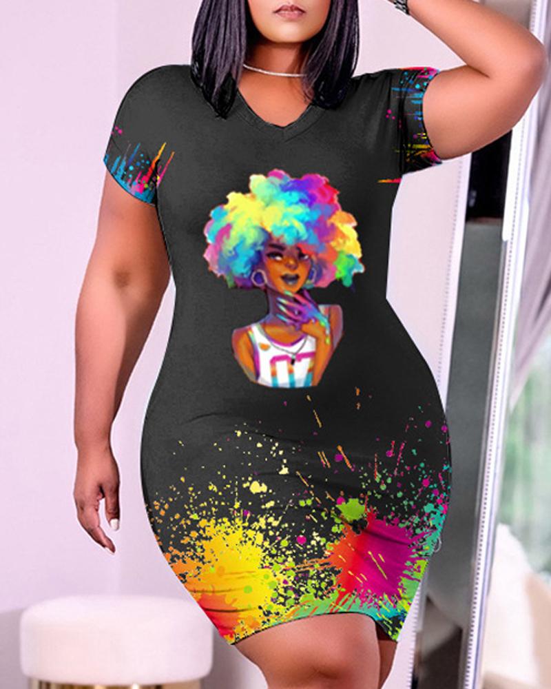 

Ink Splash Figure Print Short Sleeve Casual Dress, Black