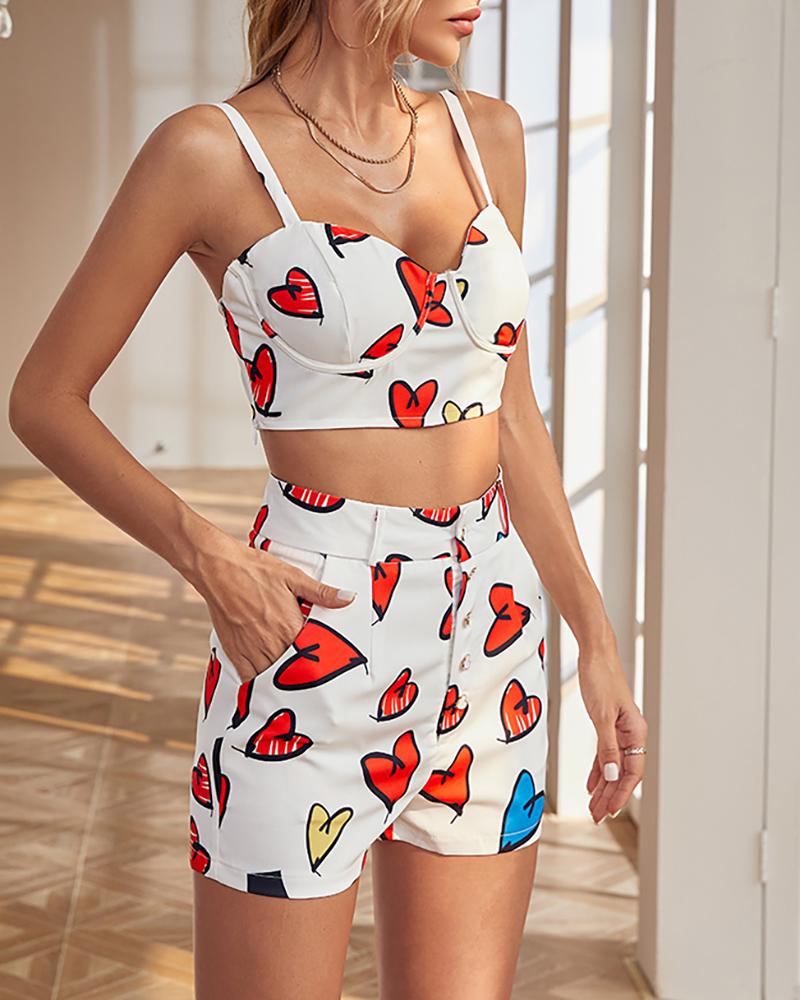 

Heart Print Crop Top & High Waist Shorts Set, White