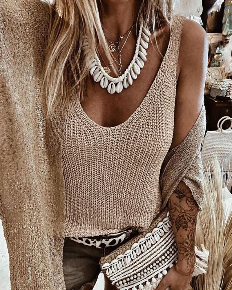 

U Neck Thick Strap Knit Basic Top, Khaki