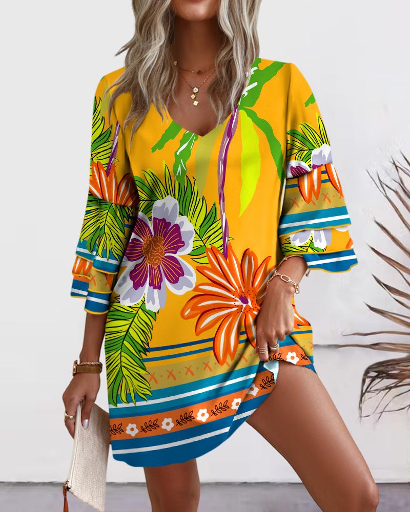 

Tropical Print Bell Sleeve Casual Dress, Yellow