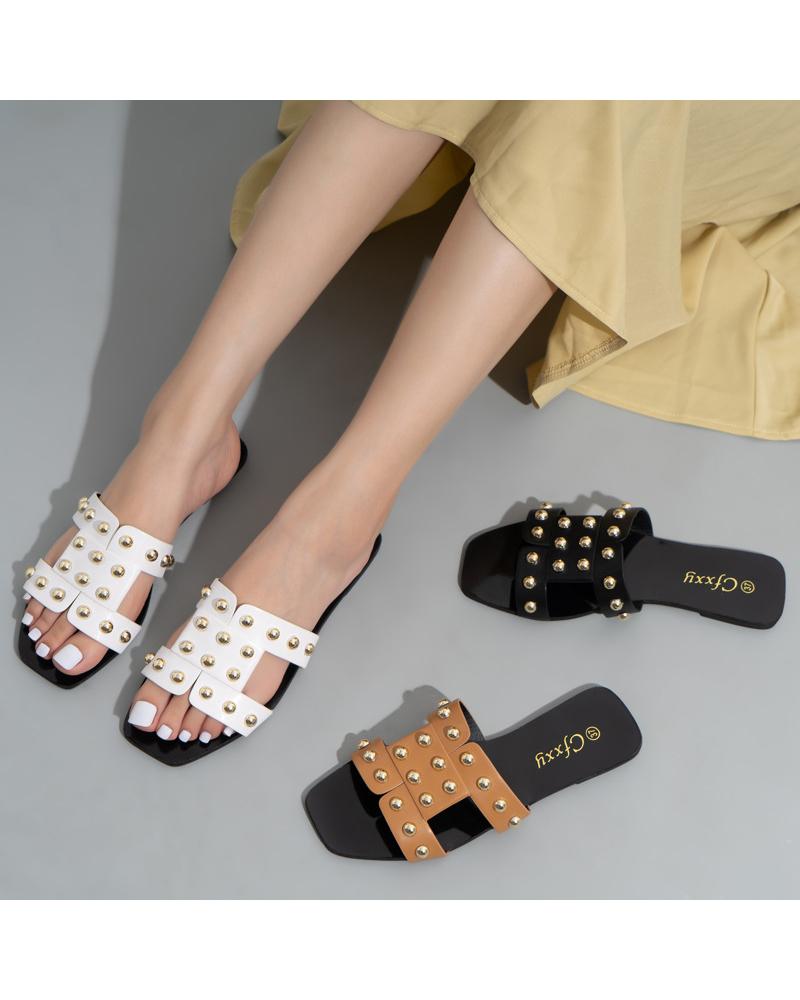 

Square Toe Vintage Splicing Rivet Flat Slippers, White