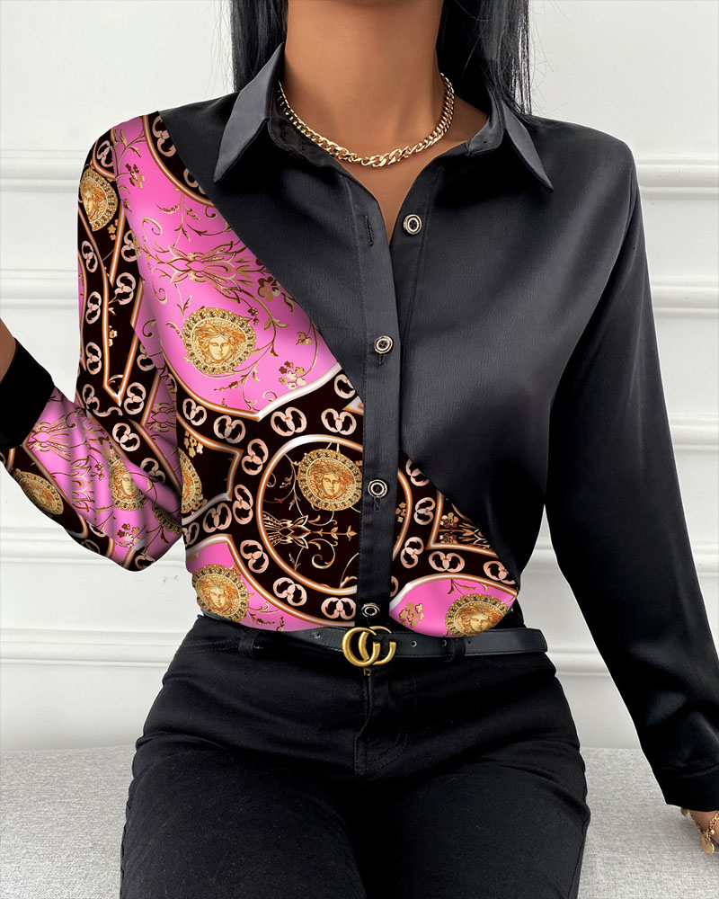 

Baroque Print Button Front Long Sleeve Shirt, Black