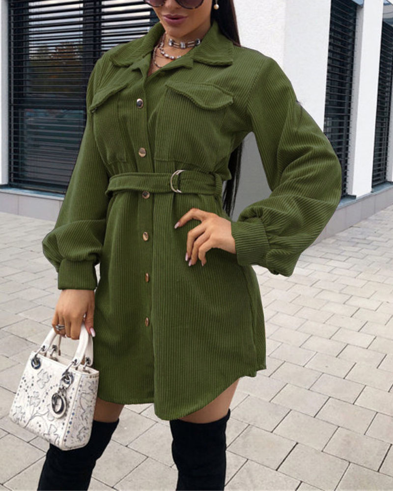

Lantern Sleeve Button Down Belted Corduroy Shacket, Green