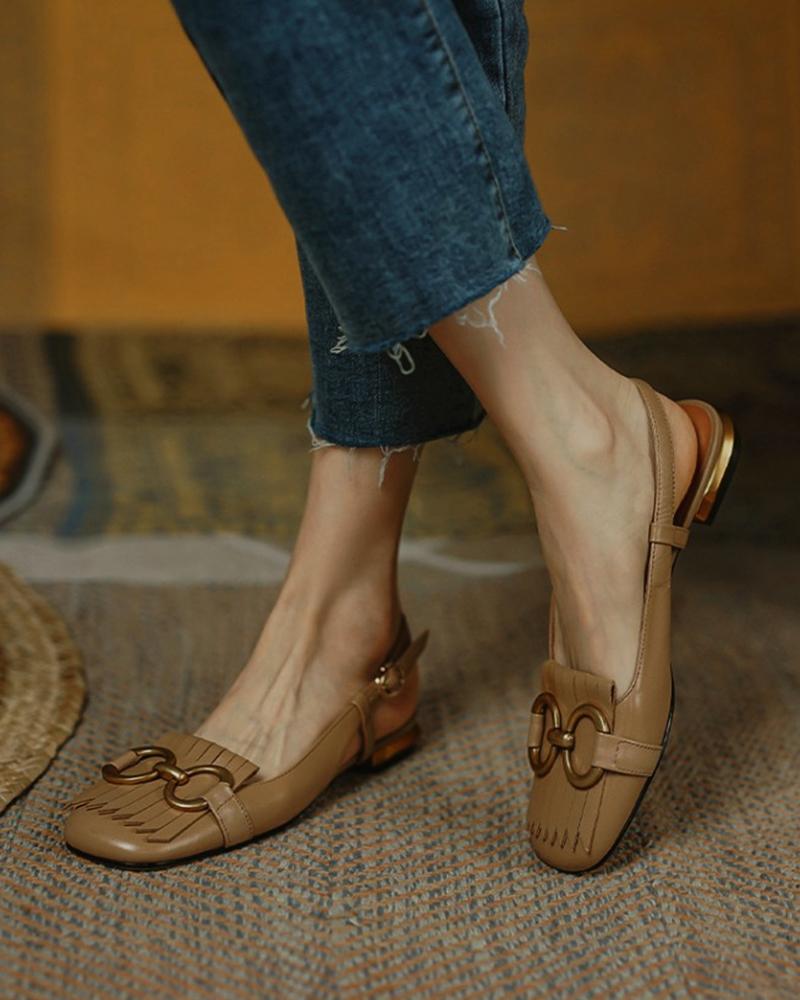 

Solid Metallic Buckle Upper Sqaure-toe Flat Slip-on, Brown