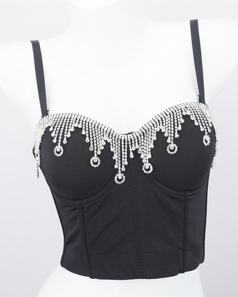 

Rhinestone Tassel Design Buckle Back Crop Corset Top, Black