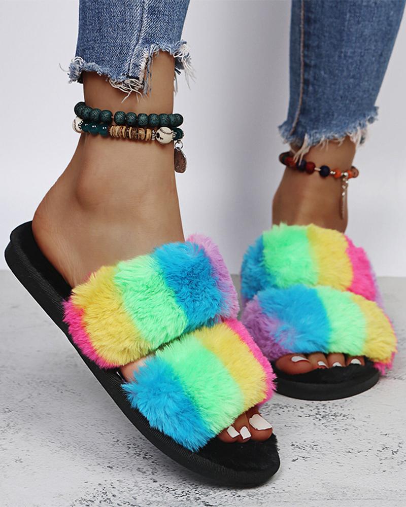 

Round-toe Multicolor Fluffy Open-toe Flat Sandals, Green