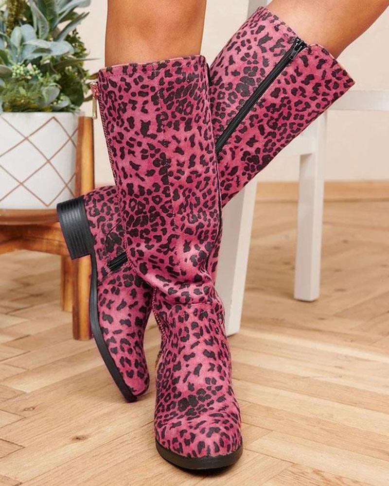 

Side Zipper Cheetah Print Boots, Hot pink