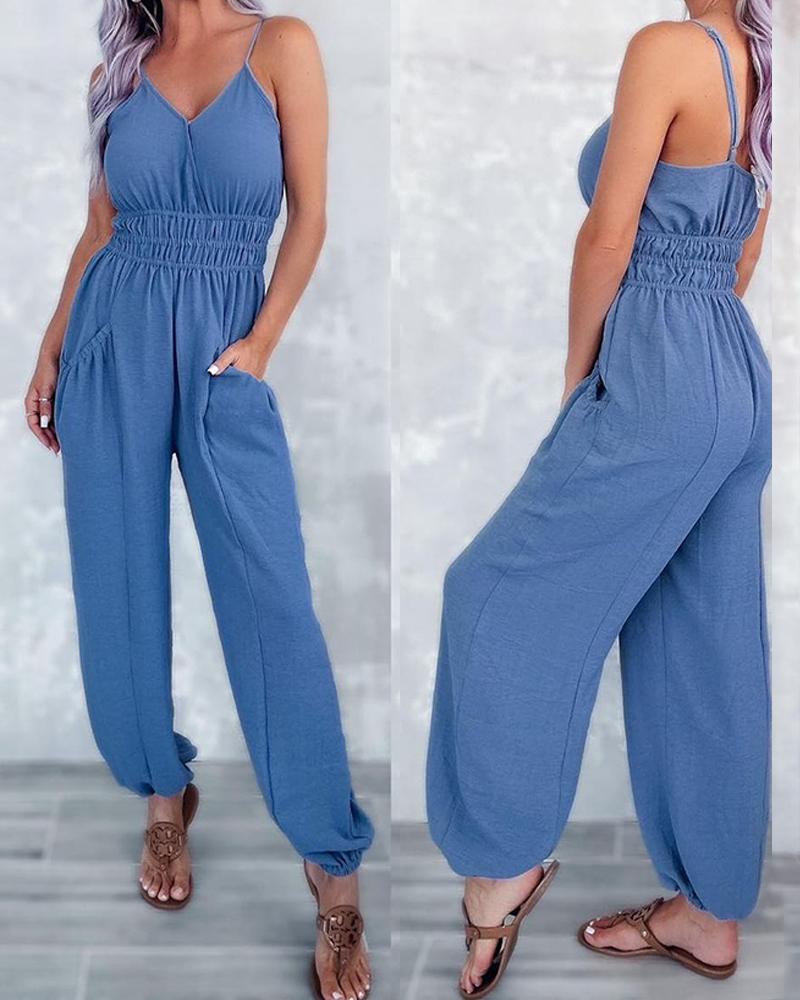 

Pocket Design Shirred Cuffed Jumpsuit, Blue