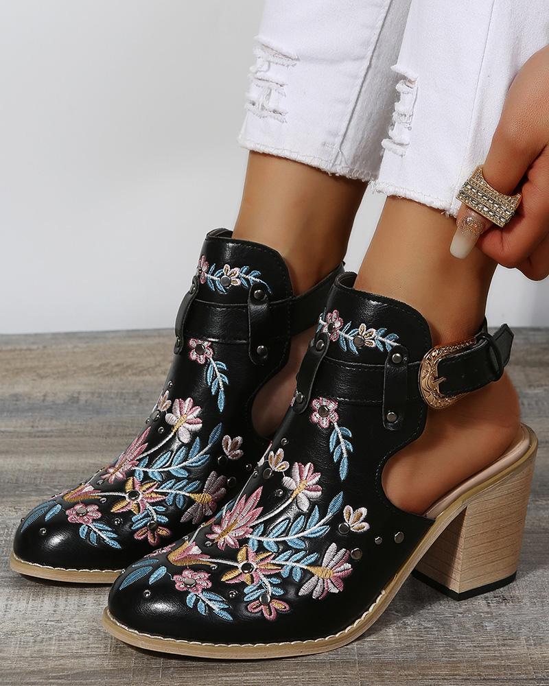 

Floral Embroidery Studded Slingback Buckled Boots, Black