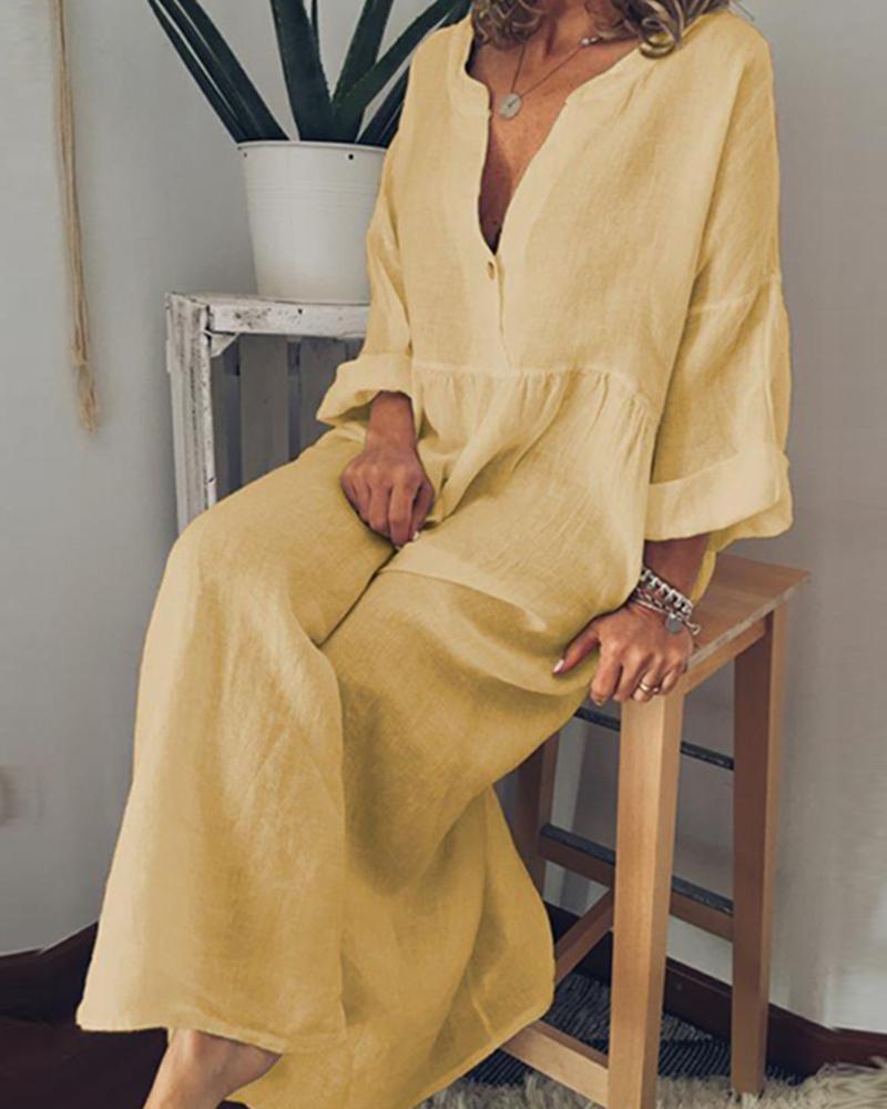 

Fashion Women V Neck Long Sleeve Maxi Dress, Yellow