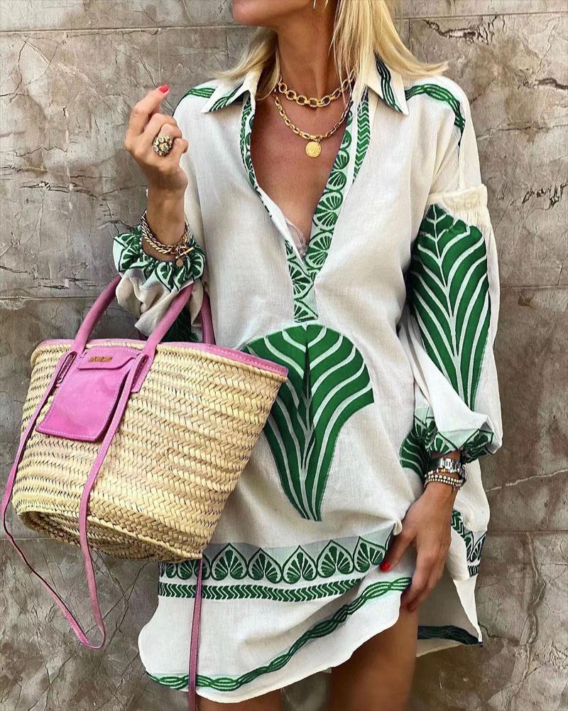 

Tribal Print Lantern Sleeve Casual Shirt Dress, Green