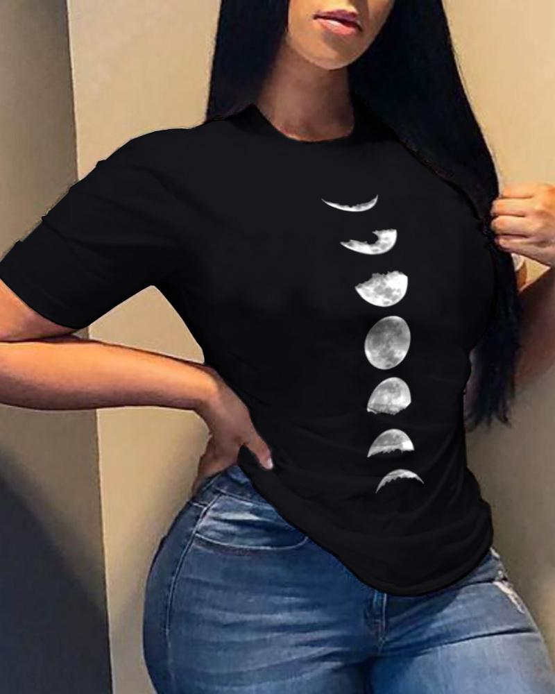 

Moon Print Short Sleeve Casual T-shirt, Black