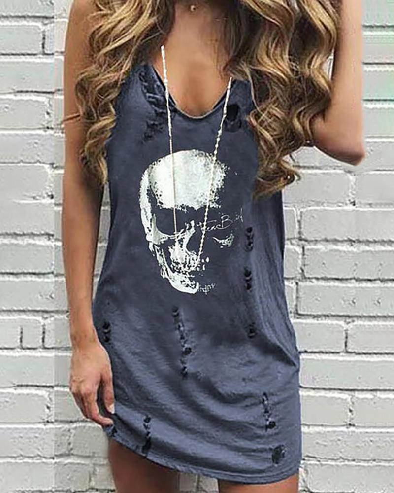 

Skull Print Hollow Out Casual Dress, Gray