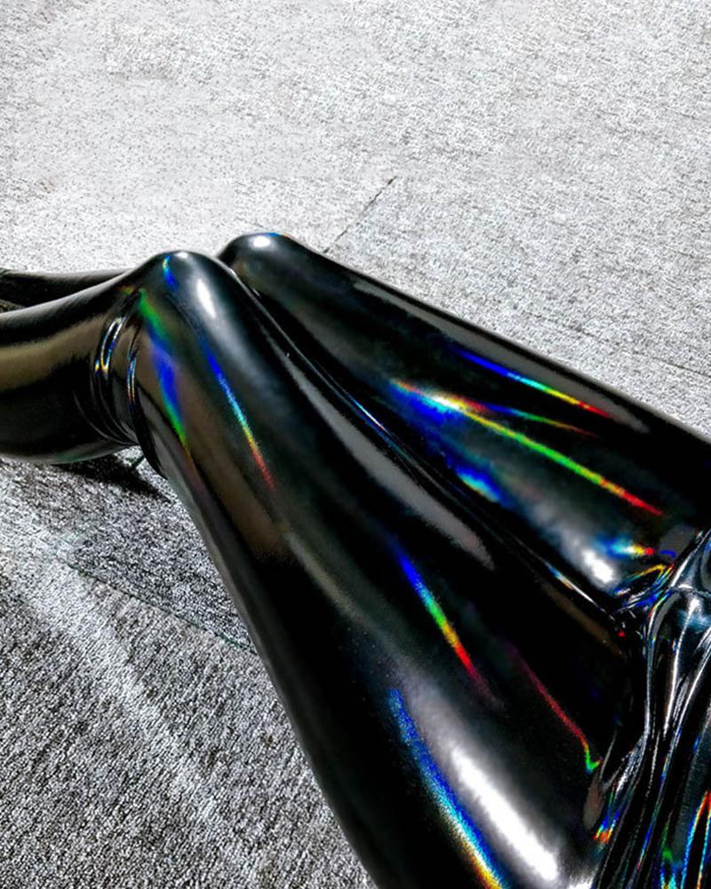 

PU Leather Laser Reflective Skinny Pants, Black