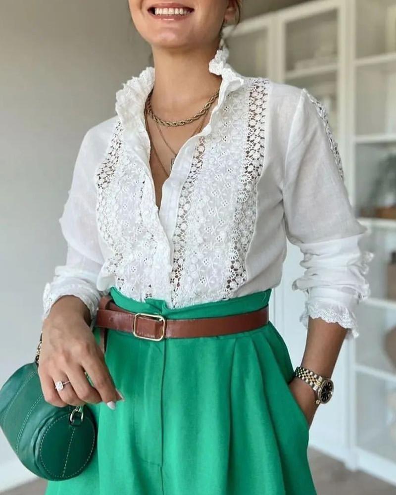 

Contrast Lace Long Sleeve Buttoned Shirt, White