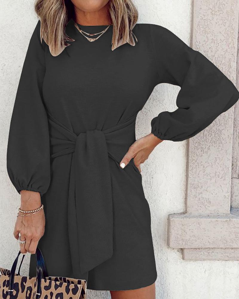 

Lantern Sleeve Tied Detail Knit Casual Dress, Black