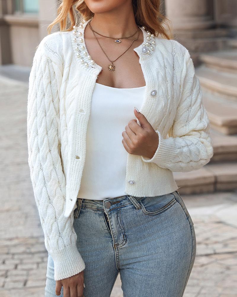 

Pearls Button Cable Knit Cardigan, Beige