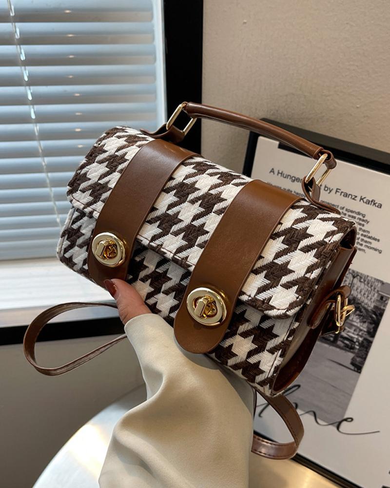 

Houndstooth Pattern Flap Crossbody Bag With Handle, Coffee