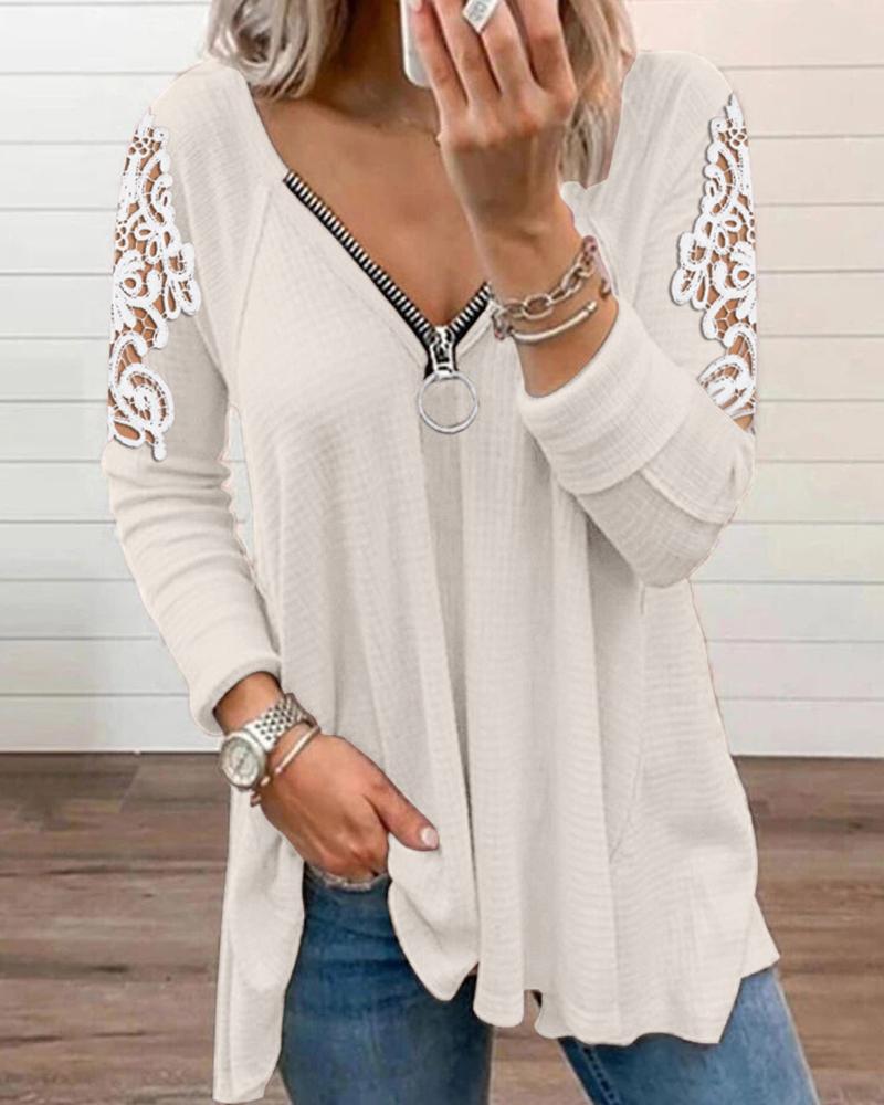 

Solid Contrast Lace Zipper Detail Casual Blouse, White