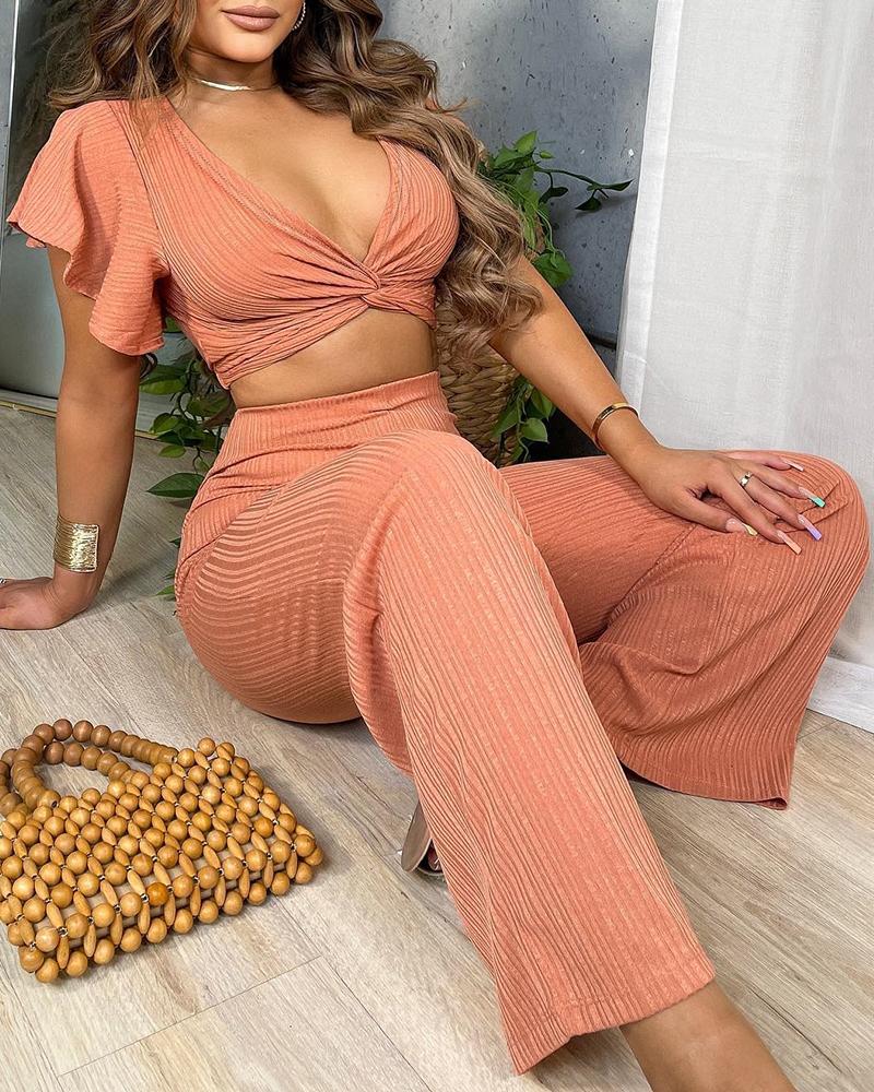 

Ruffles Sleeve Twisted Top & High Waist Pants Set, Orange