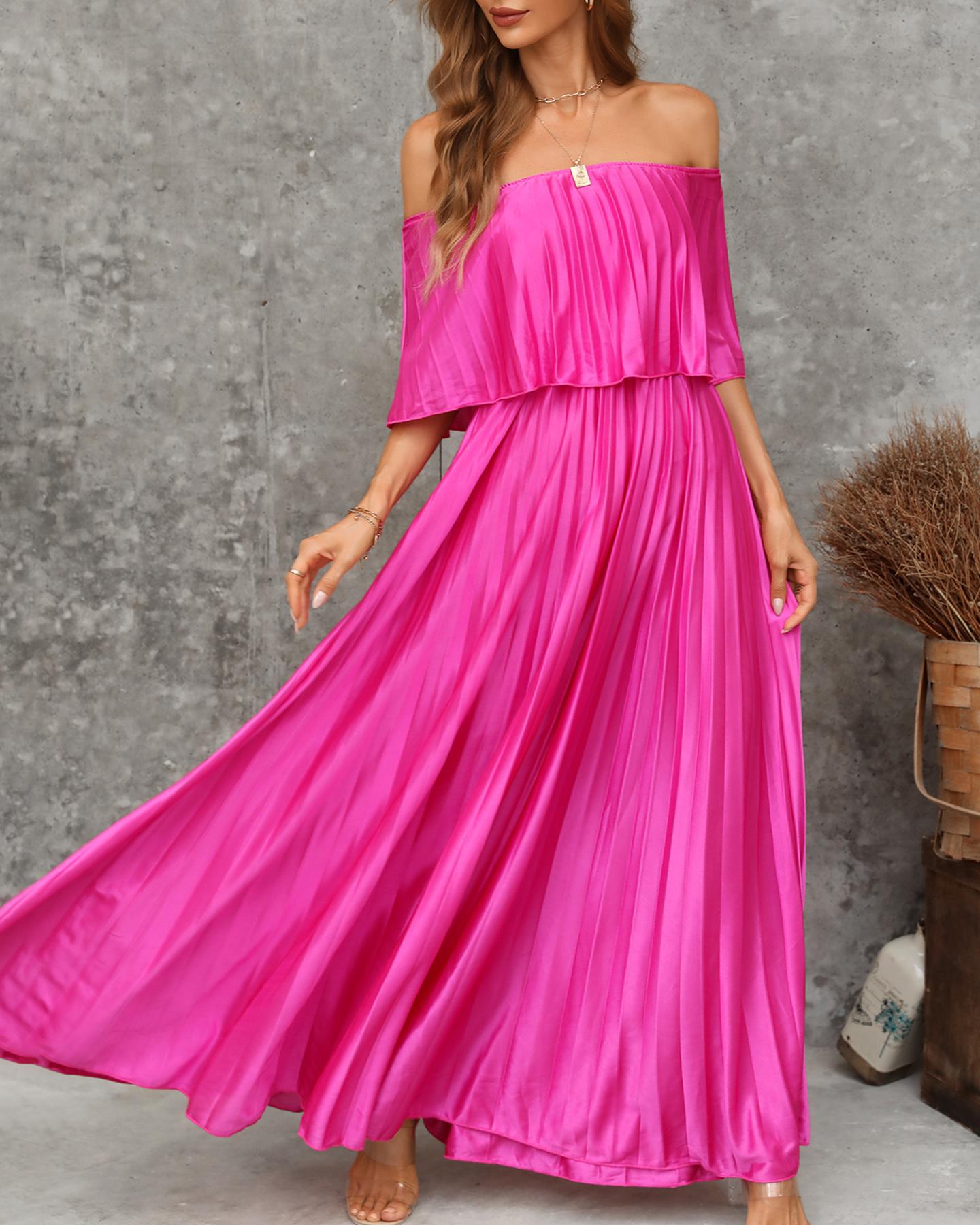 

Off Shoulder Pleating Maxi Dress, Hot pink