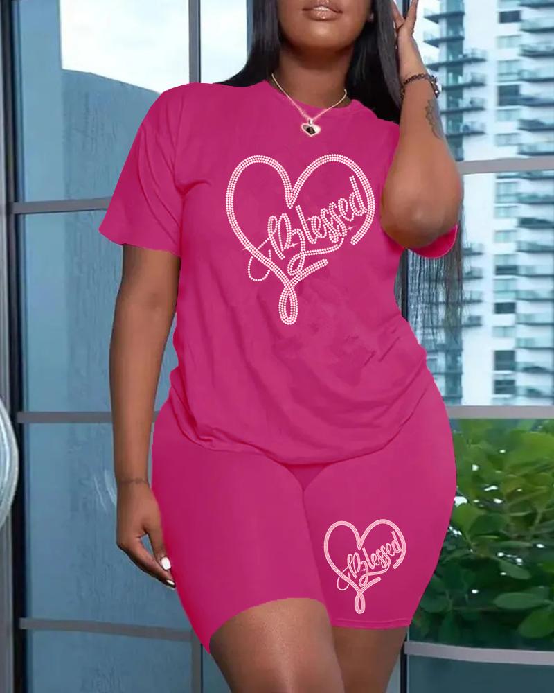 

O-Neck Letter Pattern Rhinestone Top & Shorts Set, Pink