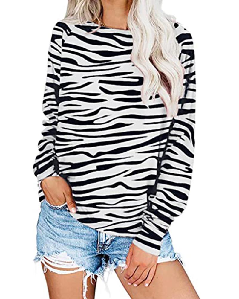 

Zebra Stripe Pattern Print Long Sleeve Casual Top, White