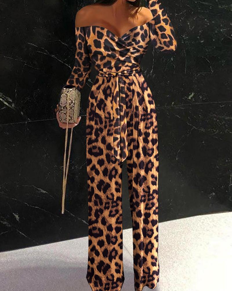 

Leopard Print Off Shoulder Long Sleeve Belted Jumpsuit