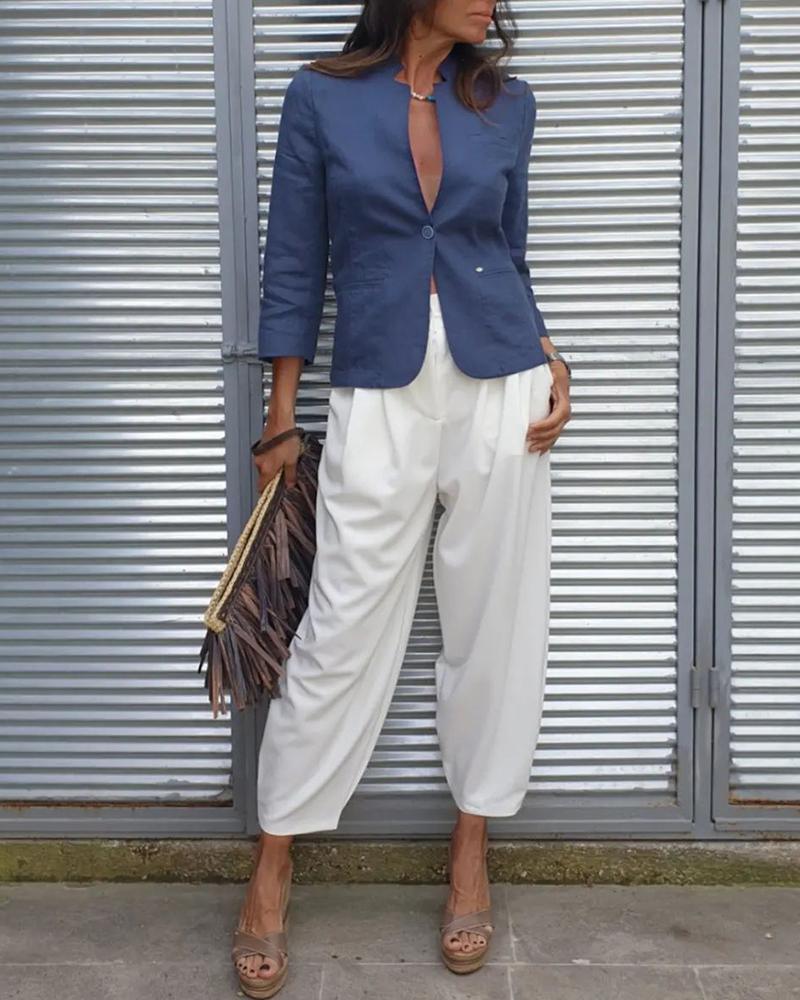 

Long Sleeve Single Button Top & Work Pants Set, Purplish blue