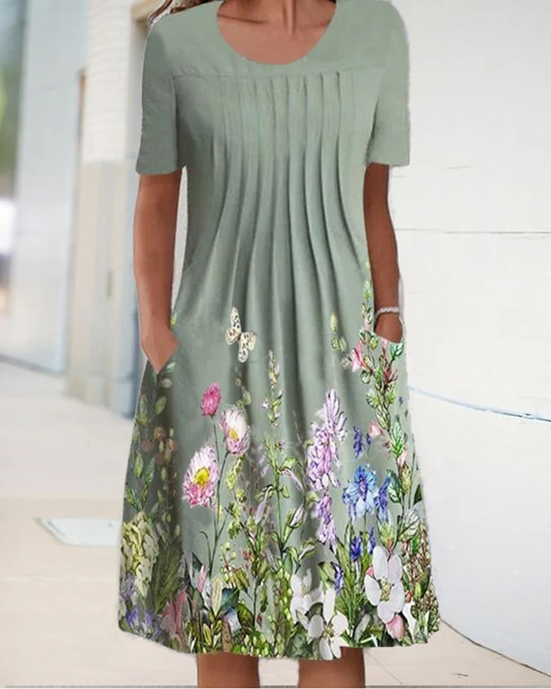 

Floral Print Pleated Detail Casual Dress, Green