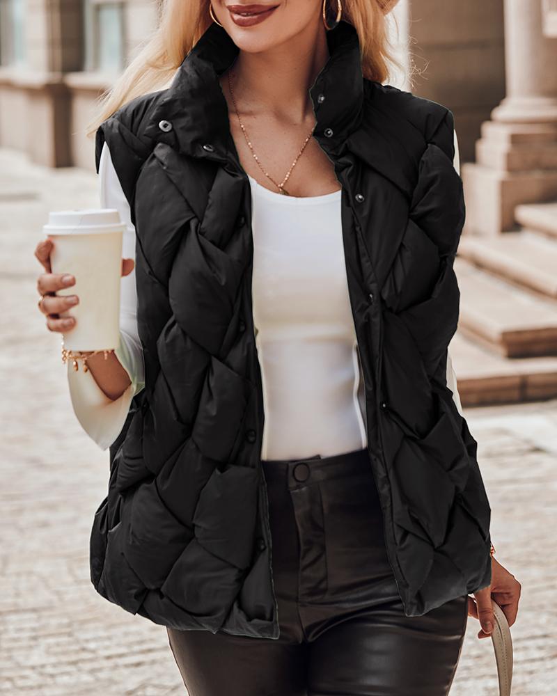 

Snap Button Quilted Vest Puffer Jacket, Black