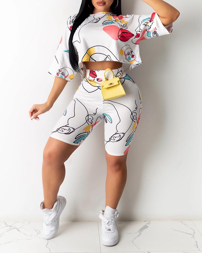 

Graffiti Print Short Sleeve Top & Shorts Set, White