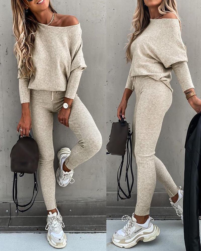 

Long Sleeve Top & High Waist Drawstring Pants Set, Beige