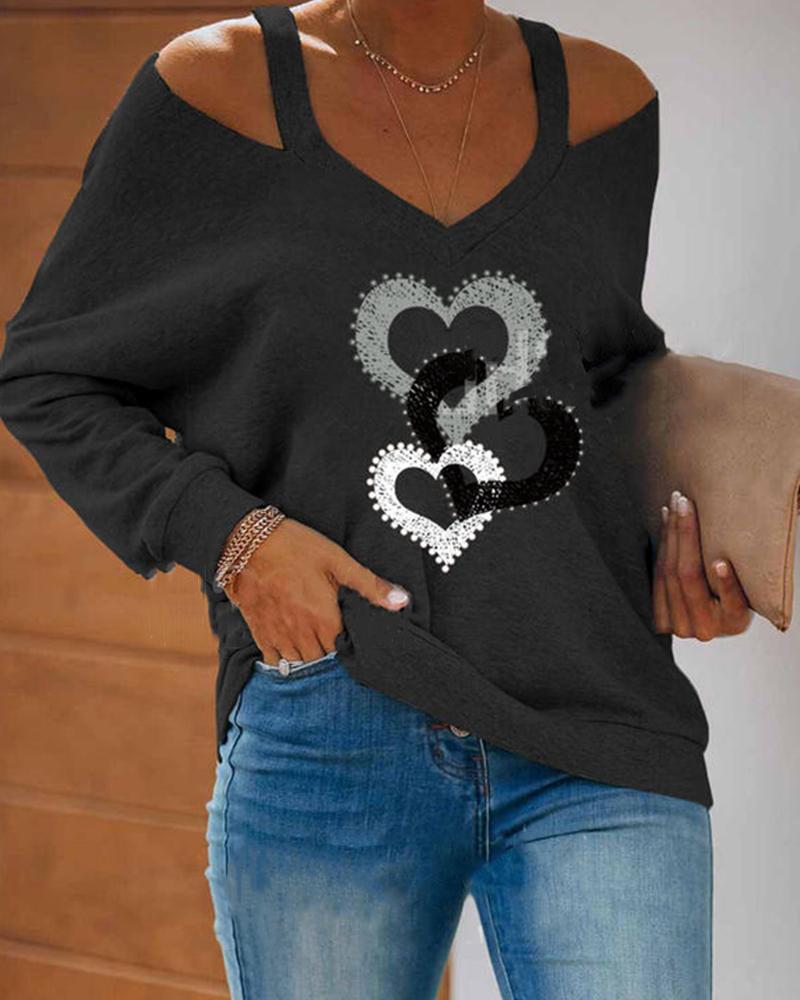 

Heart Print Long Sleeve Cold Shoulder T-shirts, Black