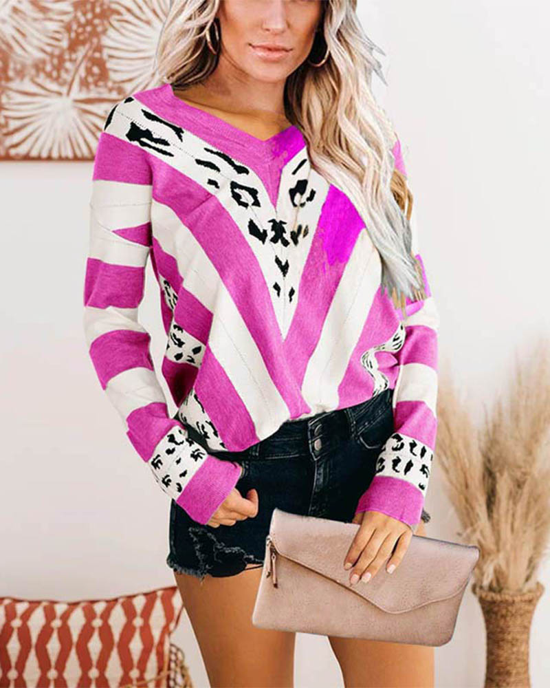 

Chevron Leopard Print Long Sleeve Top, Purple