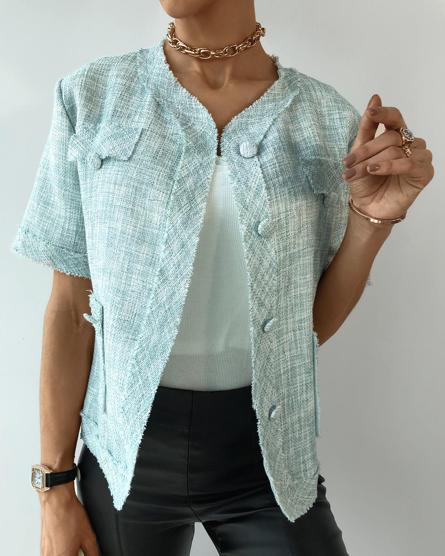 

Buttoned Pocket Design Tweed Jacket, Green