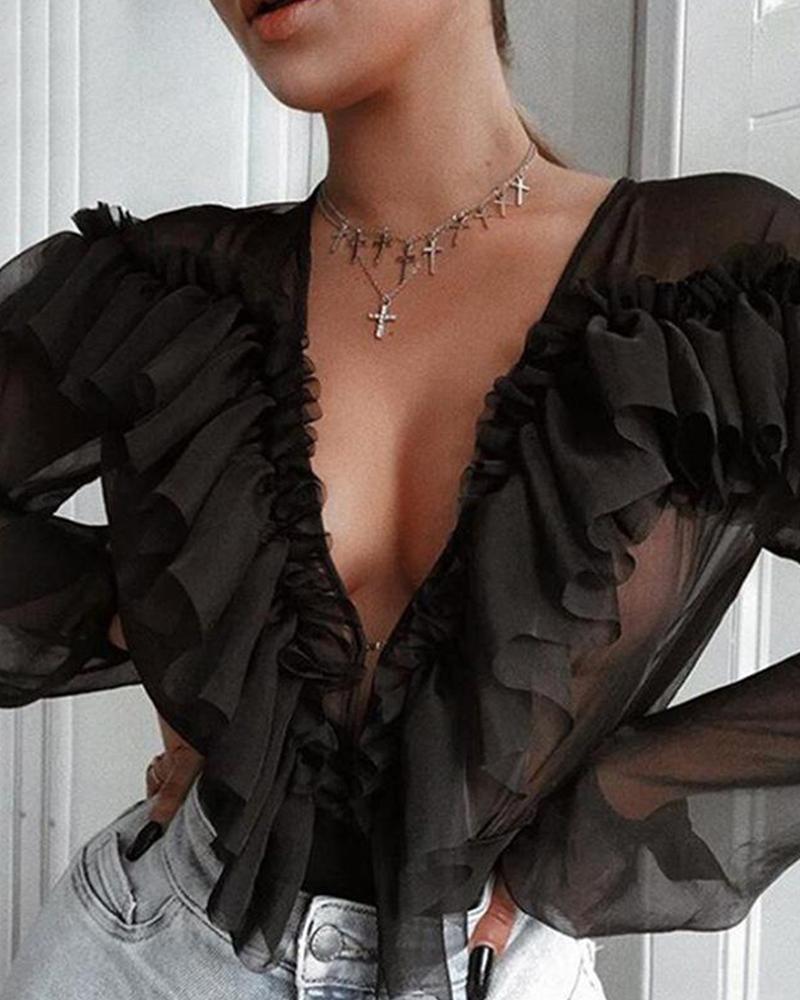 

Sexy Deep-V Ruffle Neck Top, Black