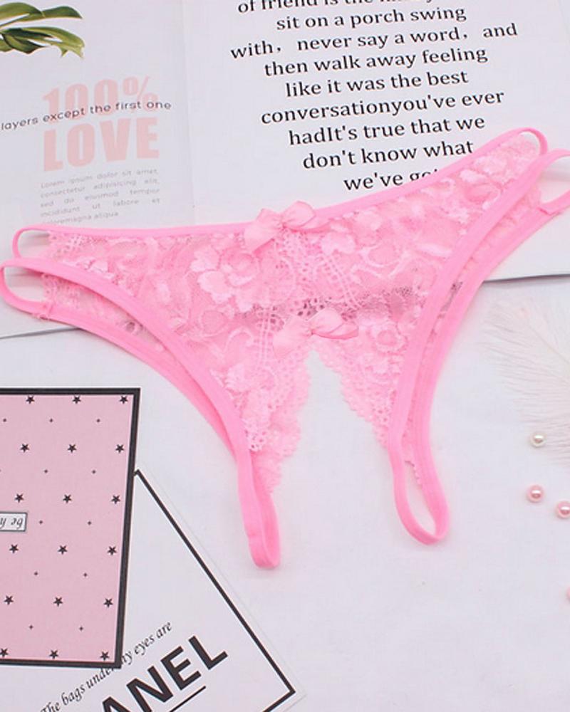 

Cutout Crochet Lace Bowknot Design Crotchless Thong, Pink