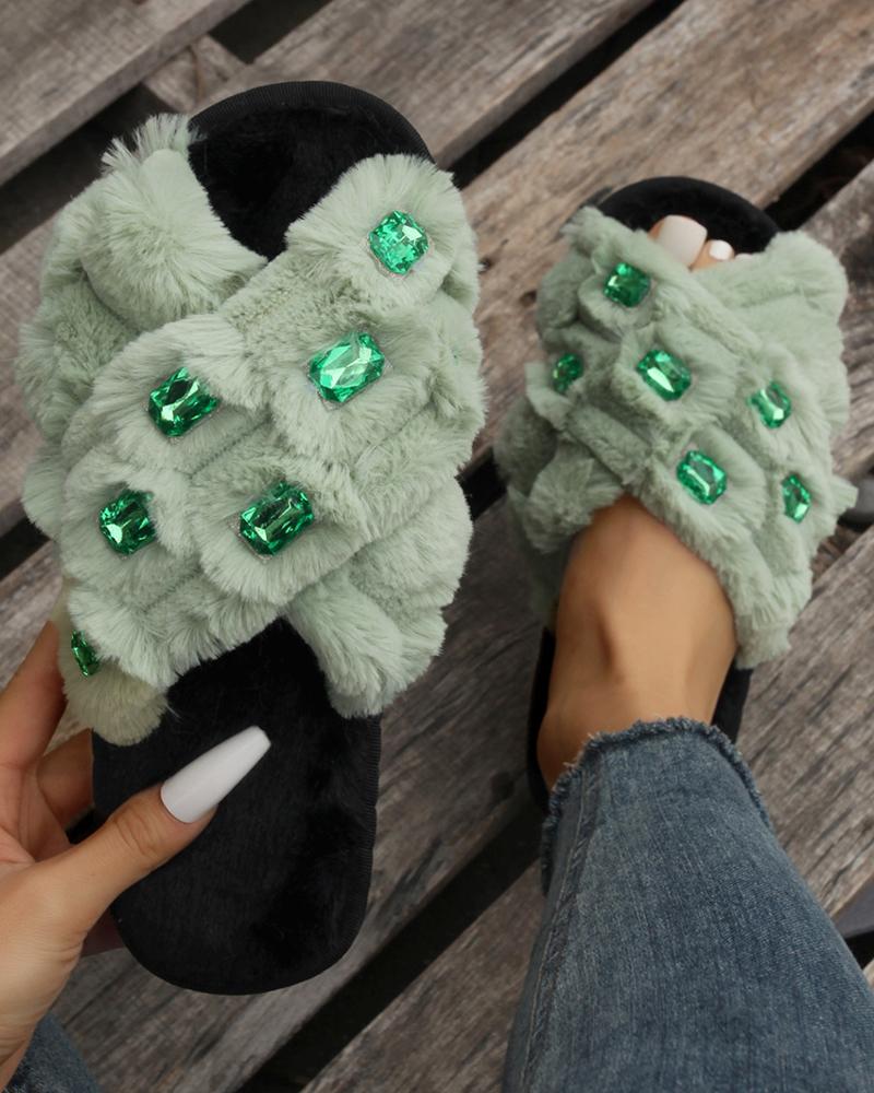 

Gem Stone Cross Strap Fuzzy Slippers, Green