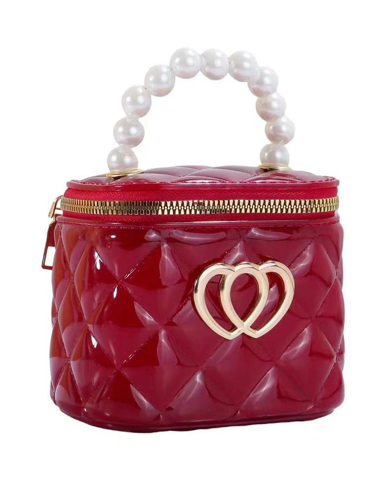 

Quilted Double Heart Beaded Strap Bucket Handbag, Red